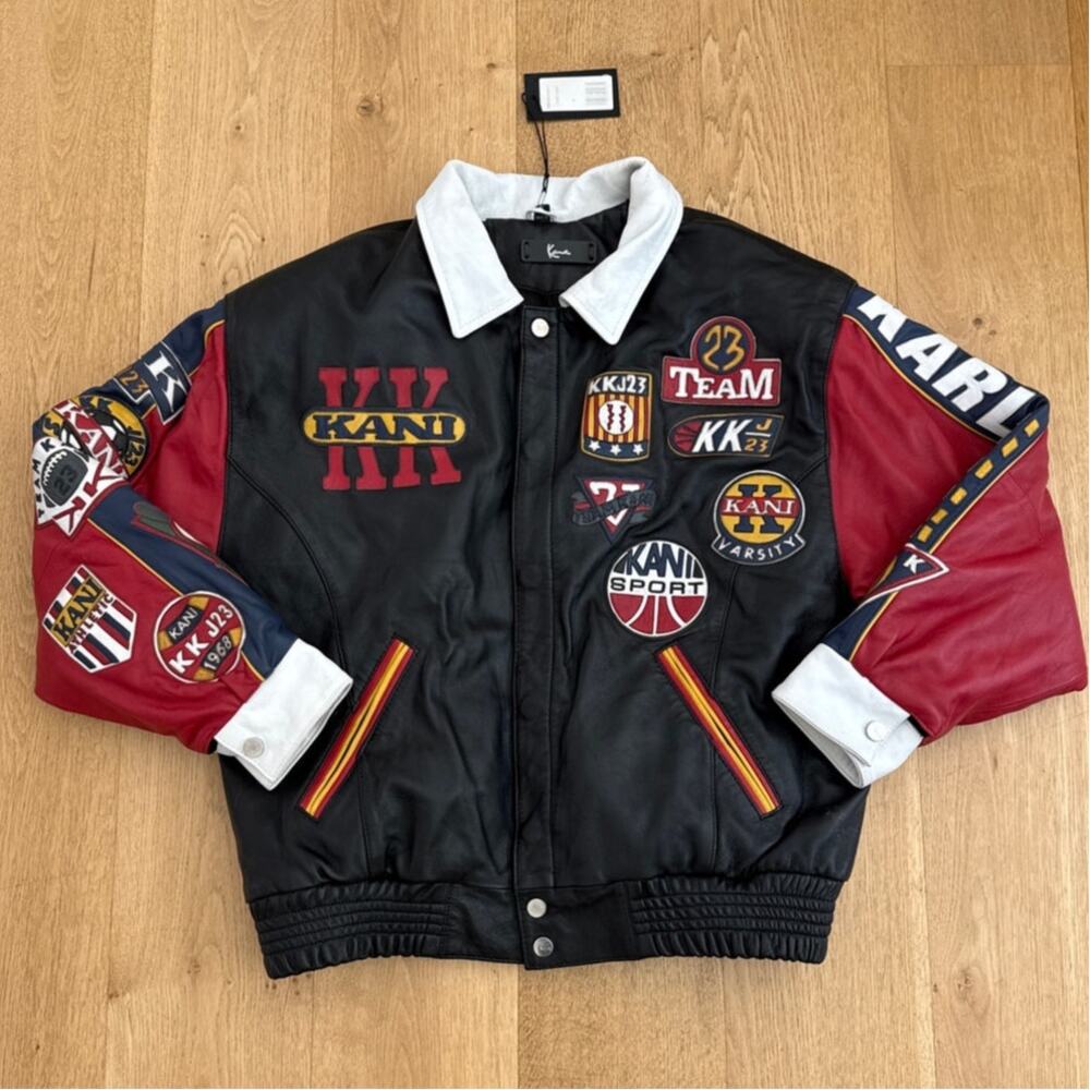 Karl Kani Mens Leather Jacket Multicolor Size S in Black Red